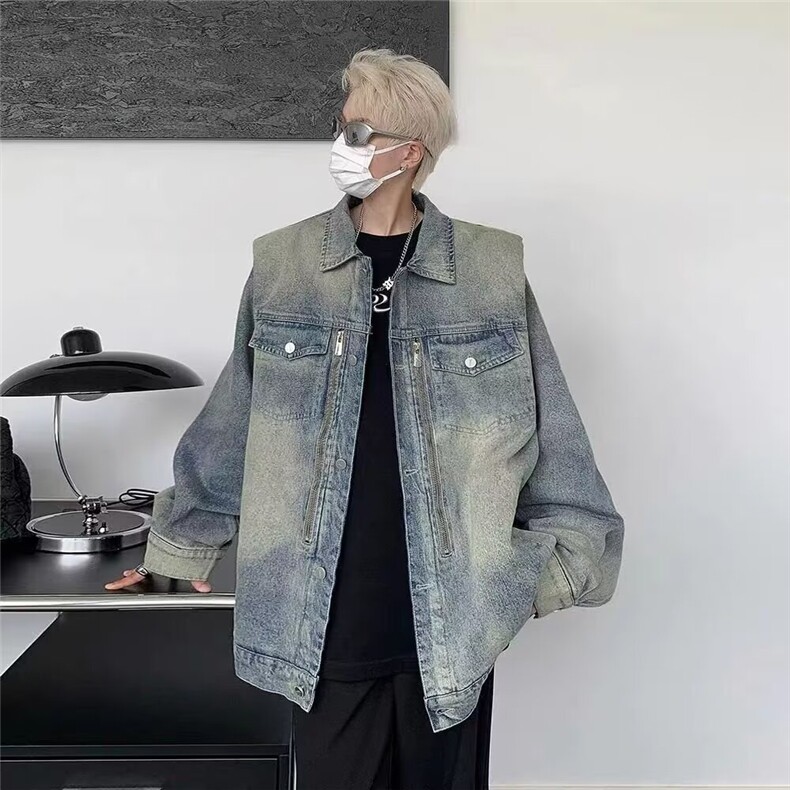 春秋水洗蓝色夹克男女宽松设计感重工做旧垫肩牛仔外套chic潮,男装工装外套,星座516A
