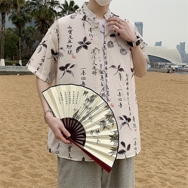 盘扣花纹短袖衬衫男士夏季复古唐装新中式风衬衣潮7009P40图片