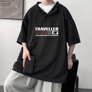 LD54359-P45NASA 连帽短袖t恤男大码胖子带帽五分袖中袖图片