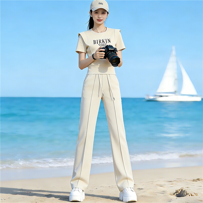 小众设计感时尚运动休闲套装女夏圆领字母短袖上衣休闲长裤两件套,女装套装/套裙,江南