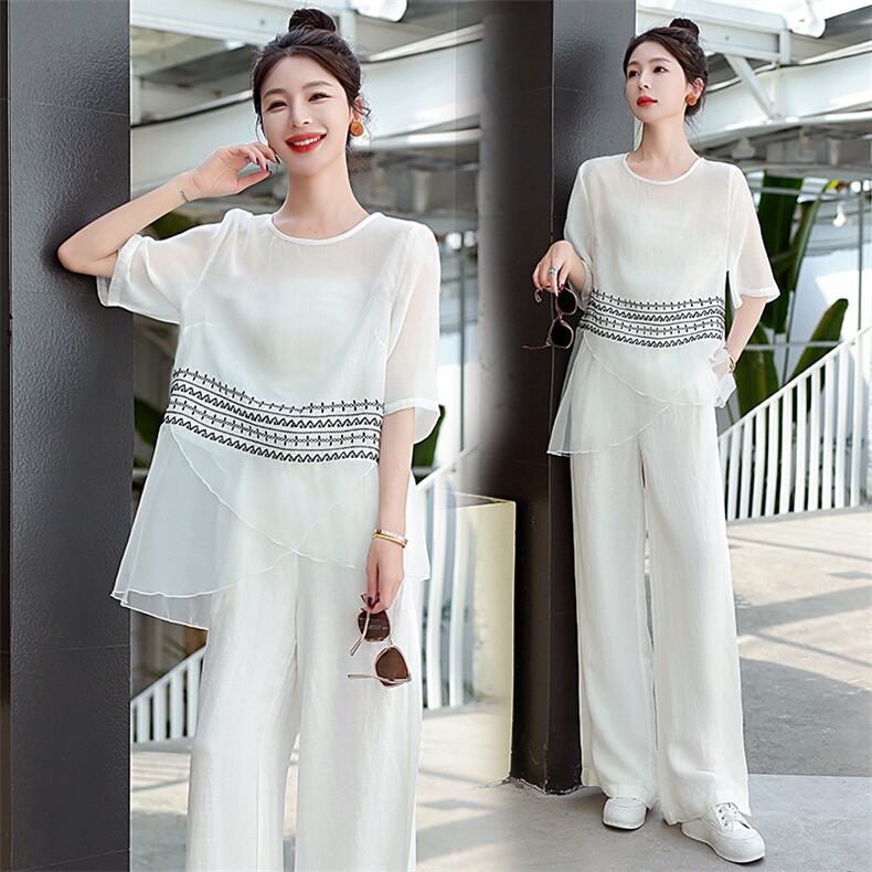 阔腿裤套装女2025夏季新款民族风文艺范减龄显瘦棉麻裤装两件套潮，女装套装/套裙，水衣源