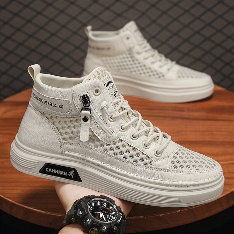 X4877-p100春夏新款高帮网面镂空透气百搭休闲时尚板鞋，男鞋靴子，星座1407-3