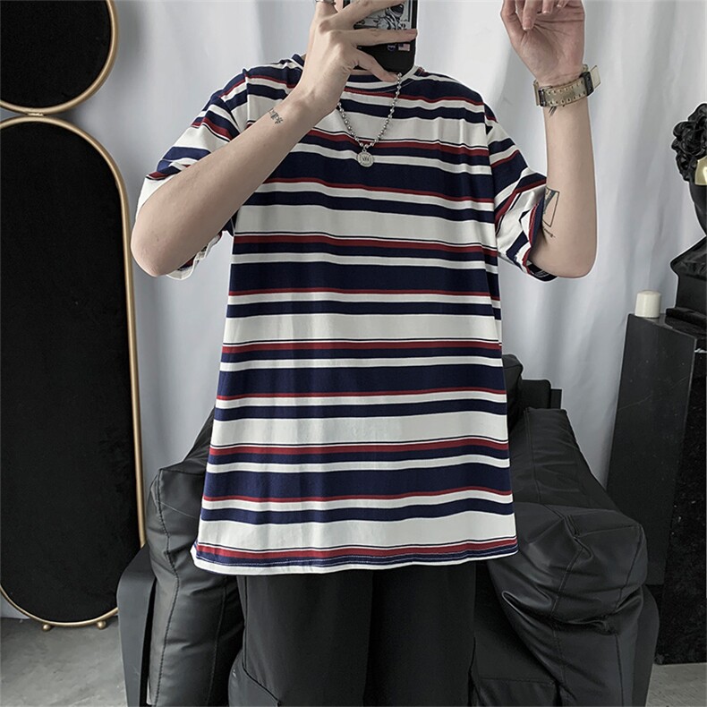 新款五分袖宽松潮流潮牌短袖男5分潮男半袖网红条纹t恤T080-P20,男装T恤,星座512-2