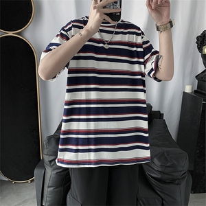 新款五分袖宽松潮流潮牌短袖男5分潮男半袖网红条纹t恤 T080-P20图片