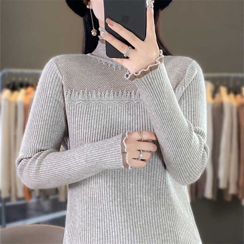 时尚欧根纱拼接针织衫修身显瘦长袖毛衣优雅气质女装上衣,针织衫/毛衣,暖姿羊绒