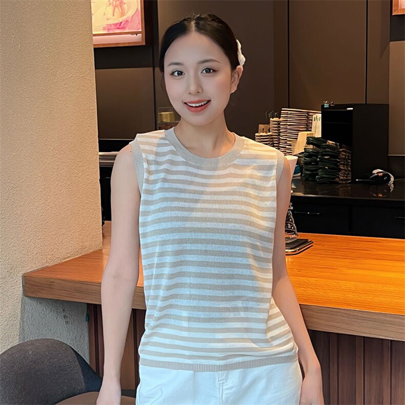 2025年秋季常规单件宽松型圆领条纹背心时尚百搭,女装背心吊带,新胜羊绒