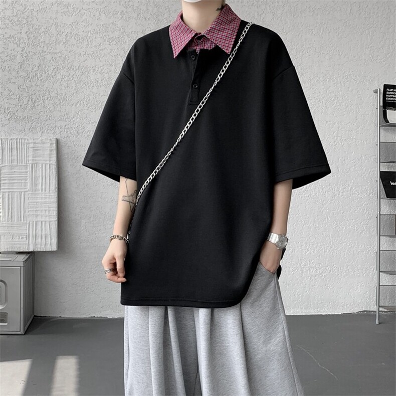 8XL-M格纹拼接假两件短袖t恤大码美式重磅polo翻领半袖DX1218/P48,男装T恤,电商B238