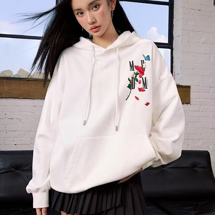 潮牌秋季刺绣红玫瑰logo重磅纯棉长袖T恤男女美式情侣款宽松卫衣,男装T恤,星座1210-1