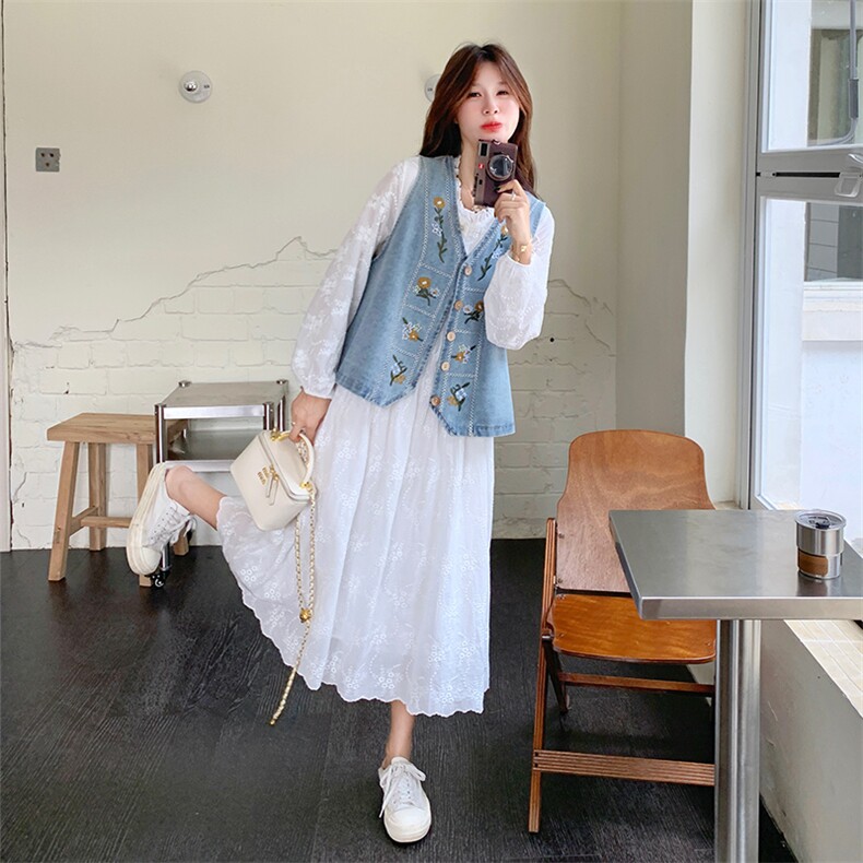 法式文艺风穿搭白色长袖连衣裙配牛仔马甲女春秋超火好看长裙套装,女装套装/套裙,2C169