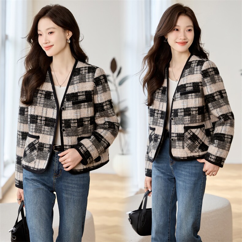 时尚潮流通勤小香风外套鸭绒内胆冬季2024新款设计感格纹羽绒上衣，女装短外套，辉之琳