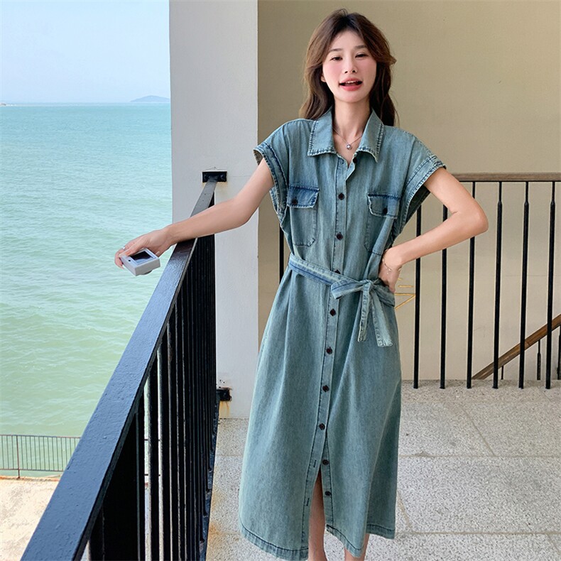 港风复古休闲牛仔连衣裙女2025夏季新款高级感显瘦长款直筒衬衫裙,女装连衣裙,维壹