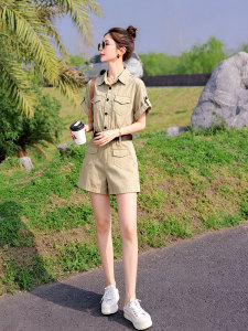 （新款现货）2026夏装时尚莱赛尔天丝棉麻工装连体短裤（配腰带）图片