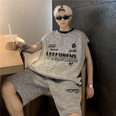 美式潮牌无袖T恤短裤套装五分裤坎肩背心两件套休闲帅运动服特P55，男装背心/马甲，电商C307