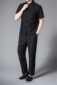 DW22037夏男式薄款短袖风纽扣休闲套装中老年爸爸装唐装P130图片