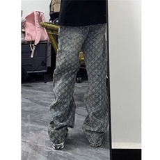 1506-1/KK66031/P42蓝提花满印牛仔裤男夏季潮牌设计感小众直筒裤，男装牛仔裤，星座1506-1