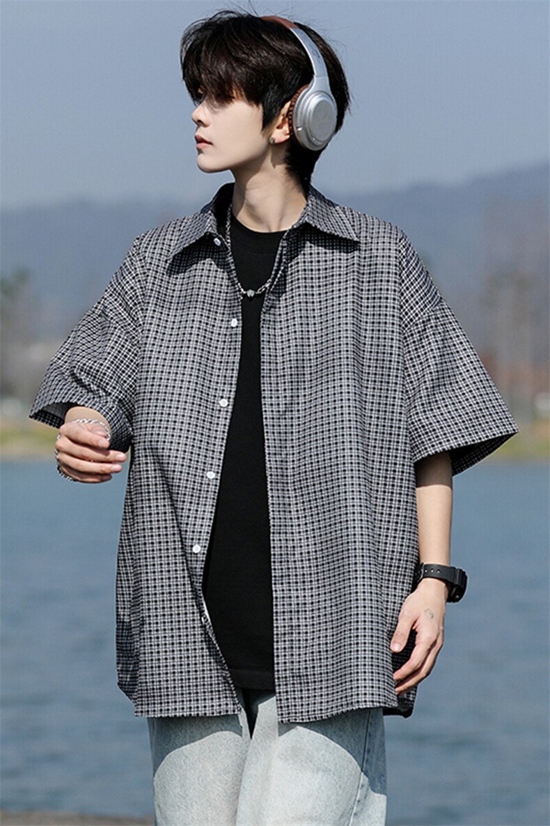 8XL-M短袖衬衫男夏宽松慵懒风痞帅条纹格子衫半袖外套DC28005P40,男装衬衫,电商B312