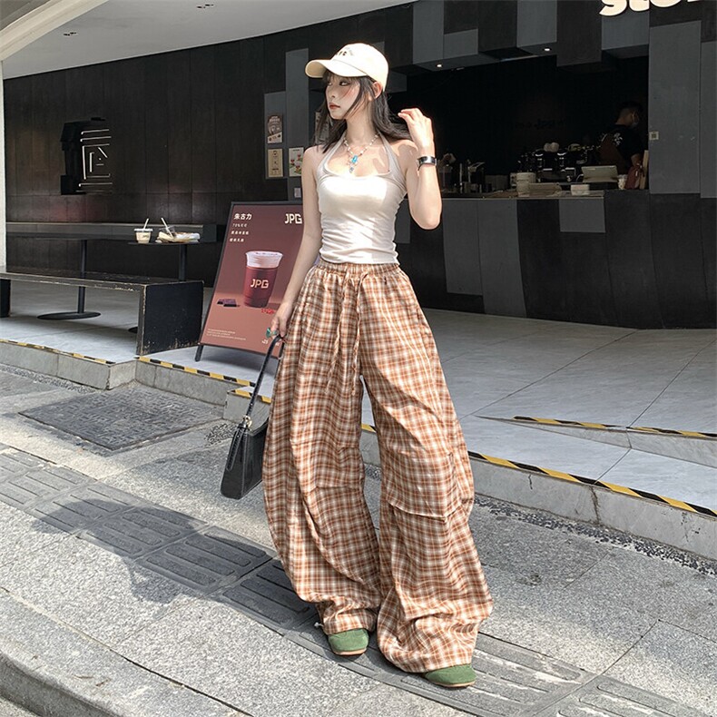 美式渐变格纹休闲裤男女夏季工装裤宽松直筒阔腿长裤YD9030-P65,男装工装外套,星座509