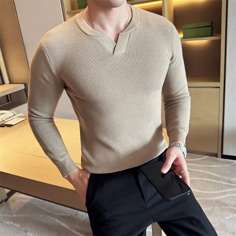 盗图-华夫格小V领设计商务韩版针织衫打底毛衣MZ09/P68控98,男装针织衫/毛衣,电商A243