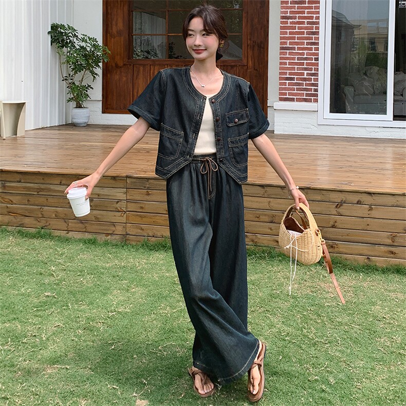 时尚复古牛仔套装女夏季2024新款短外套阔腿裤气质显瘦休闲两件套,女装套装/套裙,浙宝305