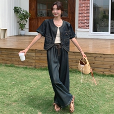 时尚复古牛仔套装女夏季2024新款短外套阔腿裤气质显瘦休闲两件套，女装套装/套裙，浙宝305
