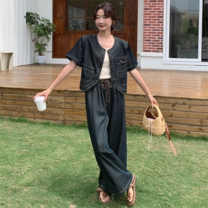 时尚复古牛仔套装女夏季2024新款短外套阔腿裤气质显瘦休闲两件套图片