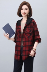 遮肉上衣春装女宽松显瘦2025新款春秋妈妈连帽格子衬衫外套，女装衬衫，涵誉