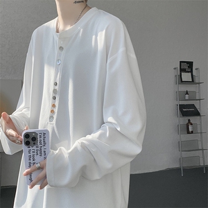 8XL-M 慵懒肌理感华夫格廓形云母贝纽扣长袖T恤打底长袖CX3006P48图片