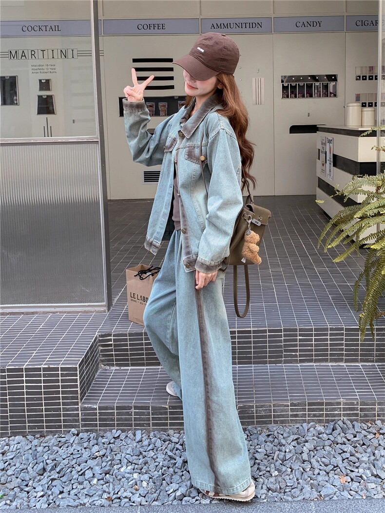 2025流行穿搭一整套休闲套装渐变牛仔外阔腿裤两件套女秋,女装套装/套裙,2C283