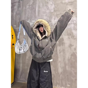 现货重磅boxy短款棉衣座山雕大毛毛领男女棉服水洗工装厚外套图片