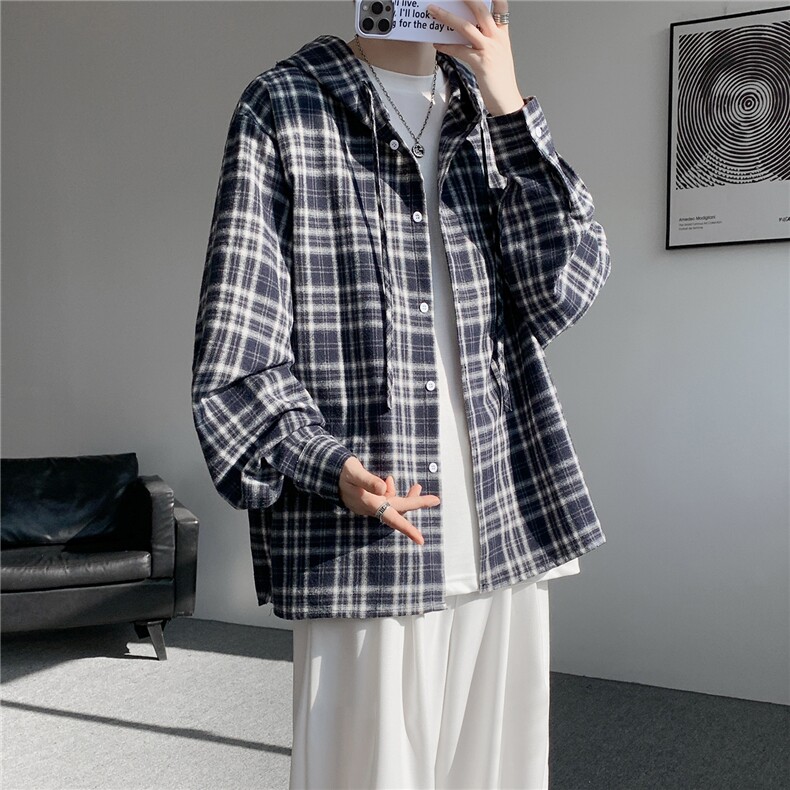 连帽格子衬衫男春季宽松大码慵懒风复古潮牌格纹休闲外套CS29011,男装衬衫,电商B312