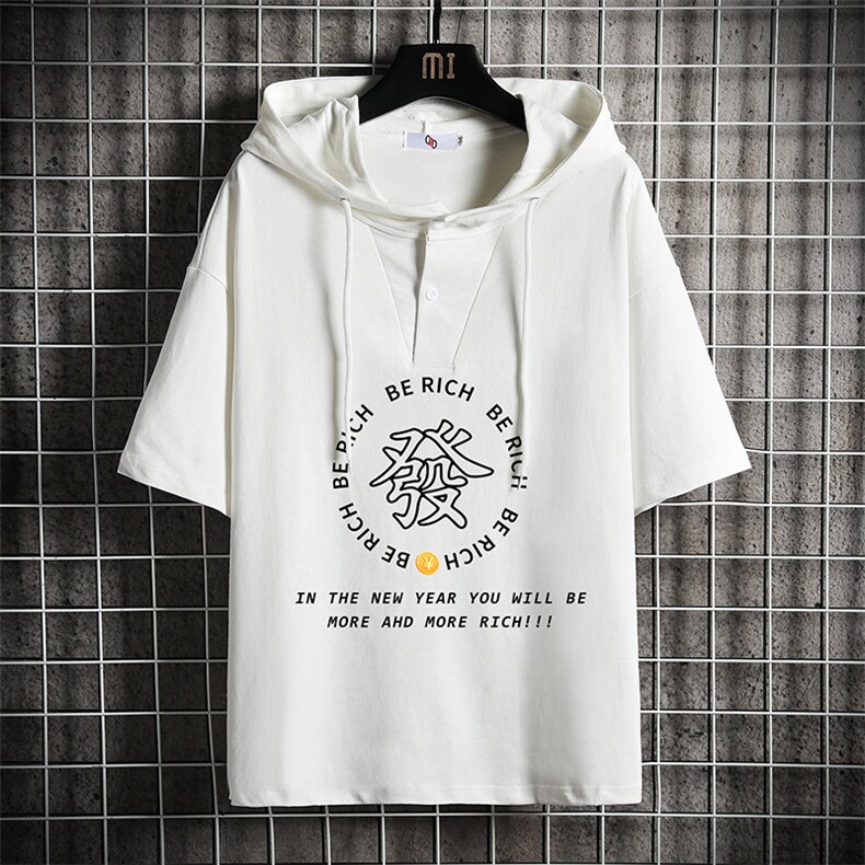 LD54163-P45 连帽短袖t恤男大码胖子带帽五分袖中袖 网格挂拍图片