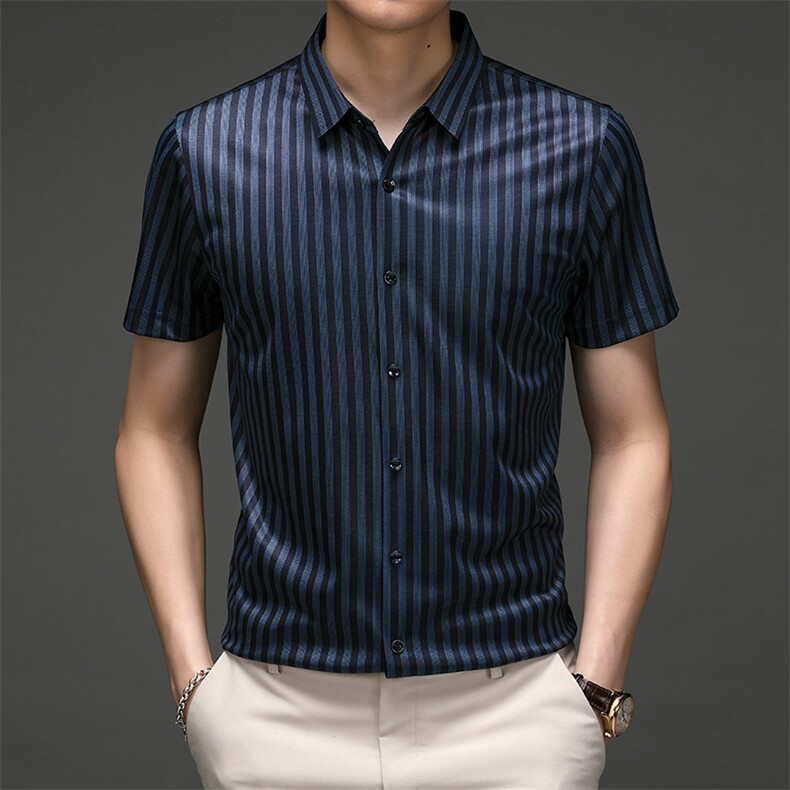 M202172021夏季新款短袖衬衫男翻领条纹桑蚕丝T恤衫透气,男装衬衫,电商B360