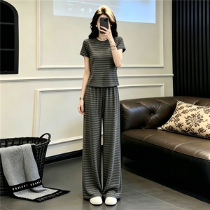 欧货时尚休闲套装女夏季新款圆领条纹撞色短袖上衣阔腿长裤两件套图片