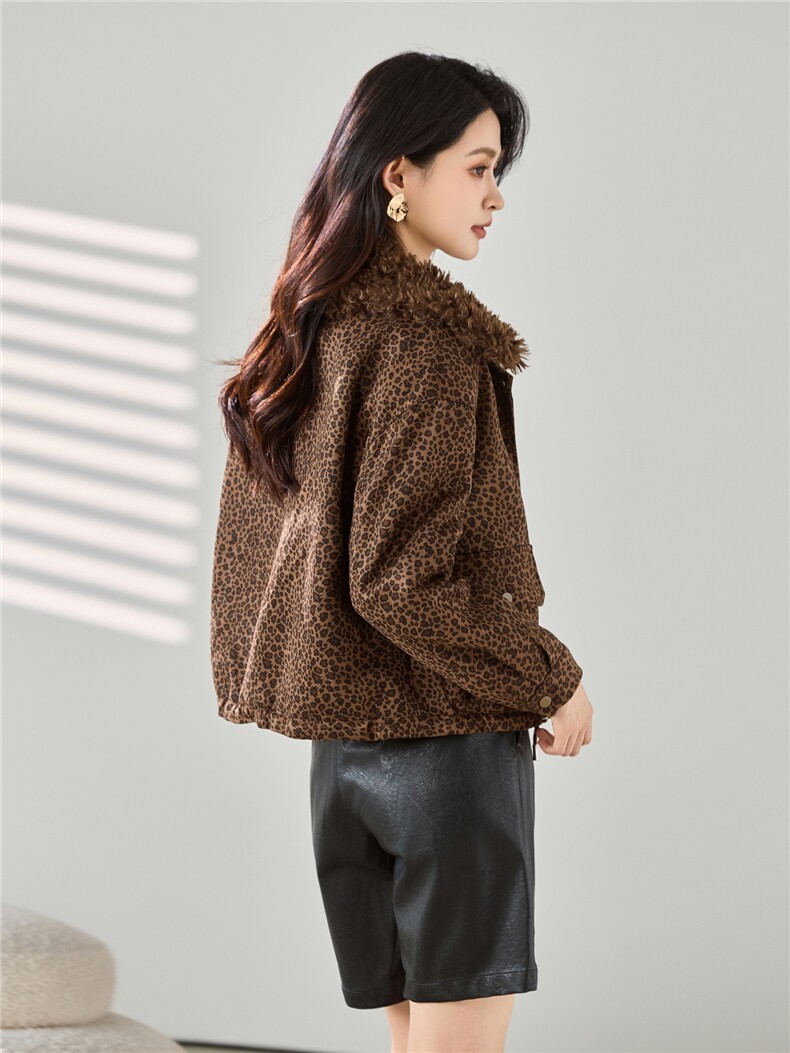 2025秋冬装新款豹纹加绒加厚短外套,女装棉衣/棉服,梦芯尔