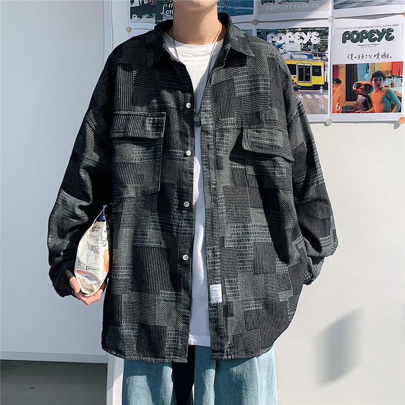 港风休闲情侣大码长袖衬衫男潮帅气潮翻领夹克衬衣CS7281P40图片