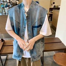 美式复古拼色牛仔马甲外套男春装韩版宽松直筒无袖外搭夹克上衣，男装夹克，星座410-7