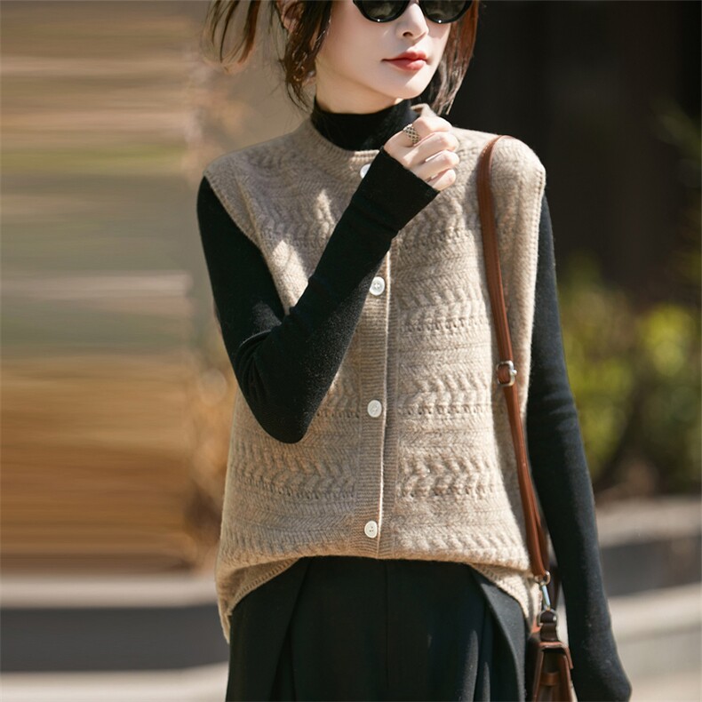 重工钩花纯羊毛针织开衫马甲女2025秋冬高级软糯百搭无袖坎肩毛衣,女装马甲,优麦羊绒（原洪叶羊绒）