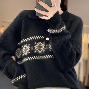 秋冬100%纯羊毛衫女POLO领拼色提花宽松毛衣打底衫加厚羊绒针织衫图片