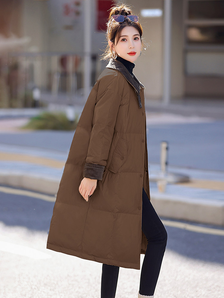 长款咖色羽绒服女2023冬季新款今年流行的小个子韩版气质简约小众,女装羽绒服,曼娅璐