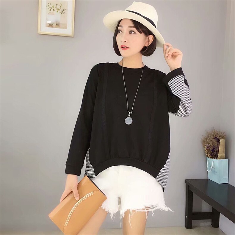 时尚套头拼接优雅2021年秋季格子潮流百搭T恤，女装T恤，深水步