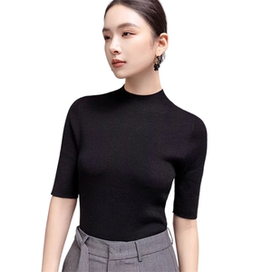 女士时尚显瘦百搭无缝一体针织五分袖图片