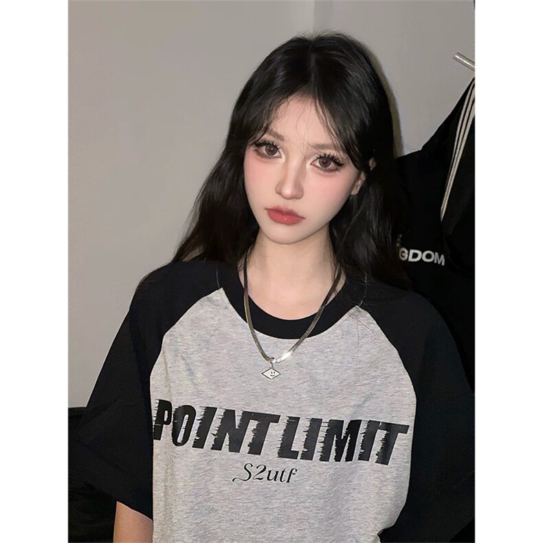 抖音得物供货240克宽松纯棉美式潮牌印花插肩袖拼接短袖T恤AT1505图片