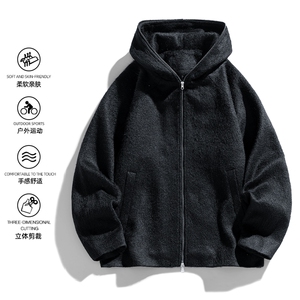 白底 美式复古马海毛连帽男慵懒风短款开衫针织夹克JK02563-P90图片