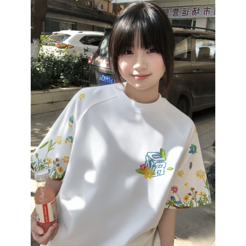 H0691-P35全刺绣索罗娜领口+包边拉肩短袖T恤女,女装T恤,星座617A-2