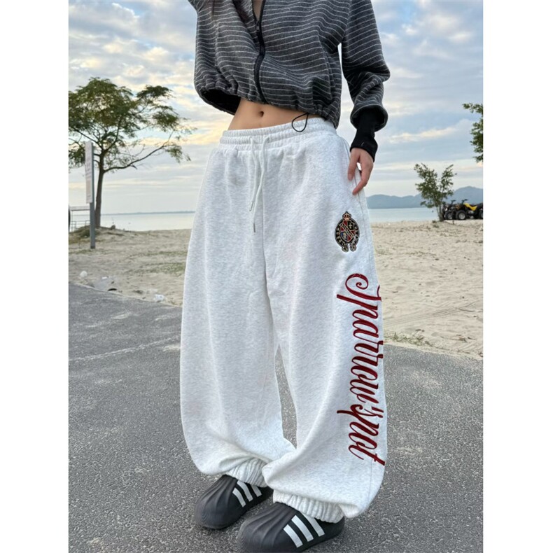 情侣装复古侧边字母刺绣休闲卫裤男女宽松直筒阔腿长裤CZ66,男装休闲裤,星座516A
