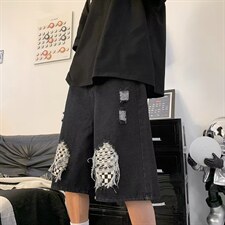 破洞棋盘格牛仔短裤男夏季高街潮牌休闲五分裤子K3837-P36，男装牛仔裤，星座512-2