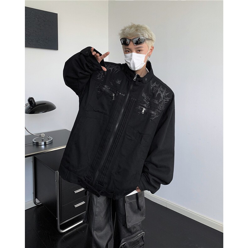 荆棘印花立领机车服上衣男款街头痞帅宽松高级感夹克外套JK8548，男装夹克，星座516A