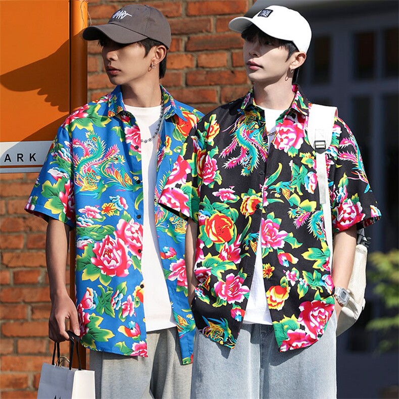 DC203男女中性风东北大花短袖衬衫衬衣外套民族风汉服团队服图片