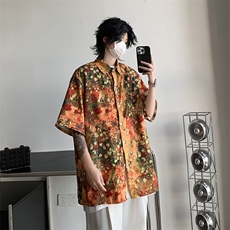日系复古百搭痞帅衬衫男上衣夏季开衫宽松坠感潮流翻领半袖衣服潮，男装衬衫，星座716-4