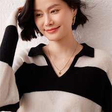 2024秋季新款POLO领长袖时尚条纹女士套头35%羊绒衫，女装羊绒衫，雪真羊绒高端店